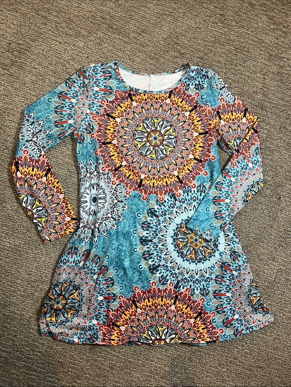 Mandala-Print Blue & Orange Long-Sleeve Tunic Short Flowy Dress